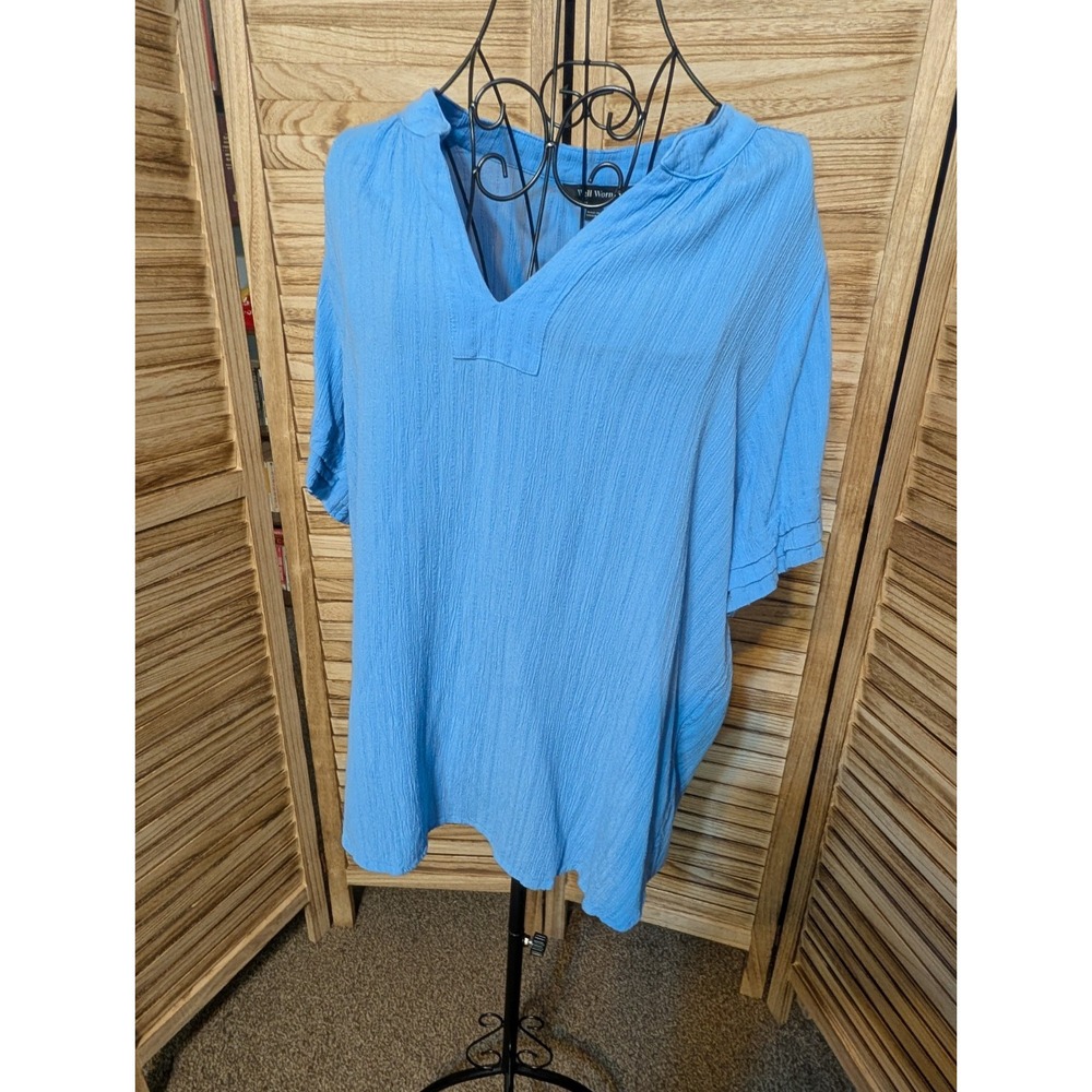 Well Worn Ladies' Split Neck Short Sleeve Blouse Large Blue